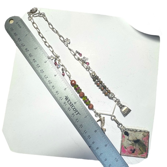 Tiny Art Canvas Silver & Glass Pendant w/ Unakite & Pink Jasper Artisan Necklace - Picture 11 of 17